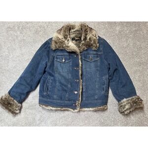 Fabio Faux Fur Trim Denim Jacket Womens Medium Blue Jean Coat Faux Fur Lined
421
